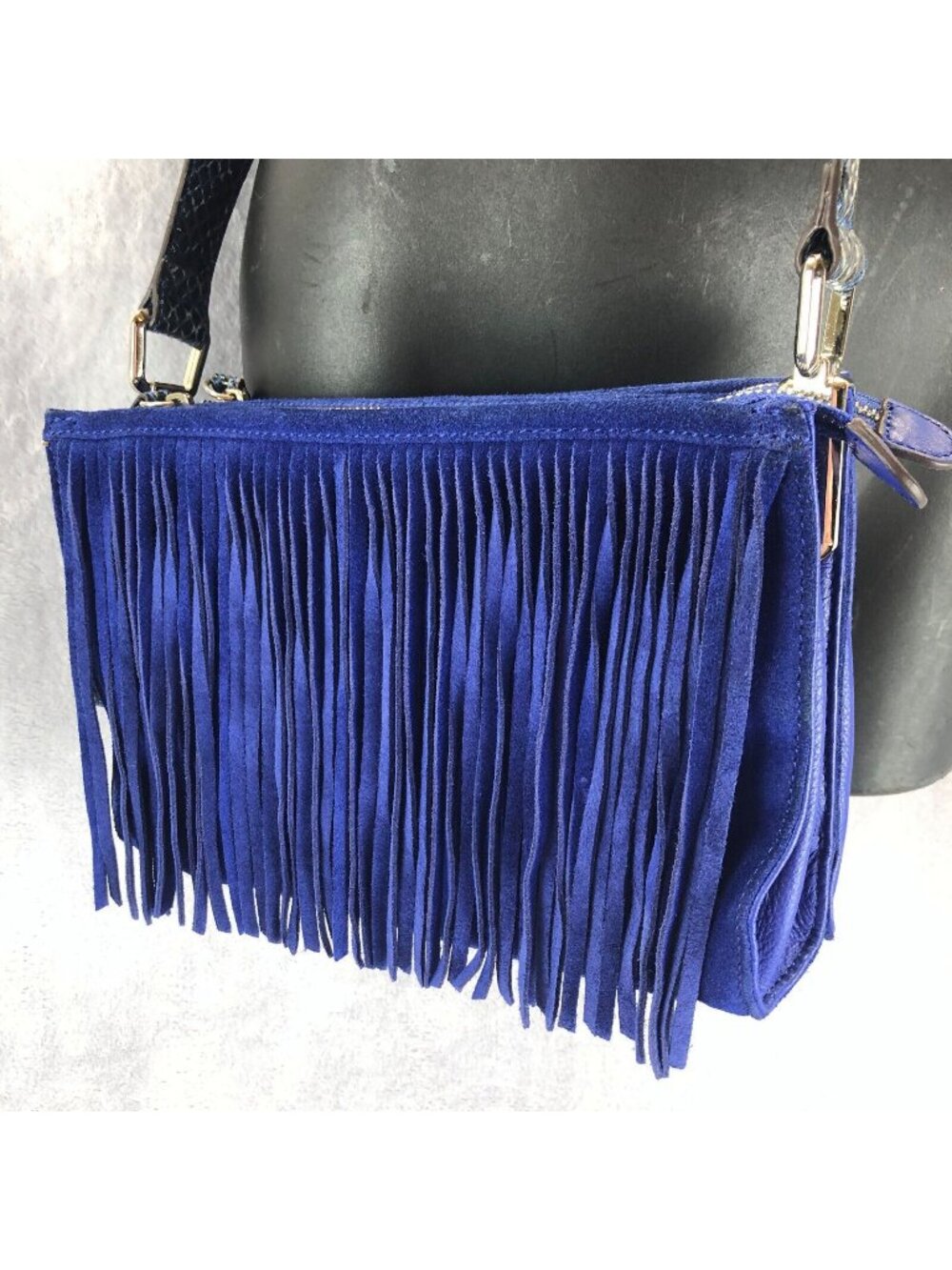 Makowsky Cobalt Blue Suede Leather Fringe Crossbody/Shoulder Bag Faux Snakeskin